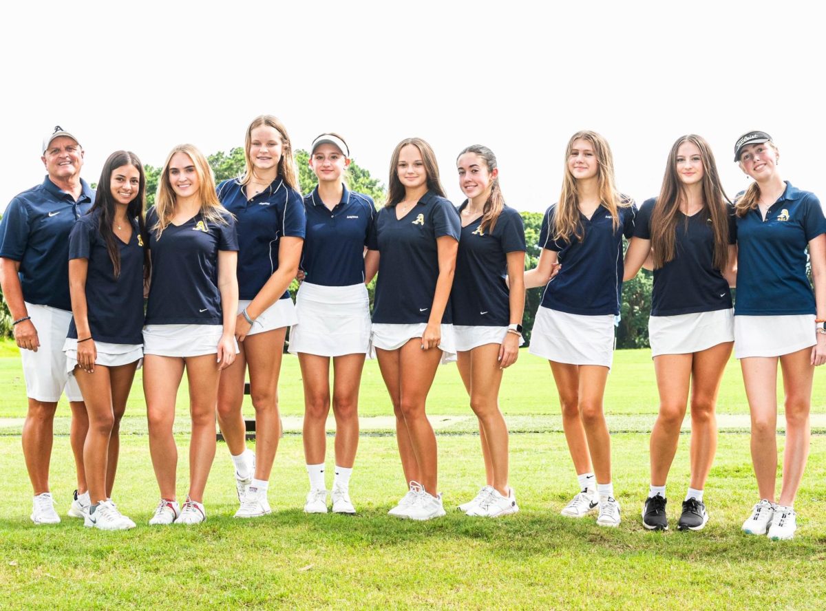 Photo courtesy of Aquinas Athletics - (From left to right) Alyssandra Estevez, Abigail Jones, Phoebe Dixon, Harper Kesselman,Isabella Perez, Amanda Struble, Anna Hatzfeld, Vivienne Van Den Berg, Ava Coffey.