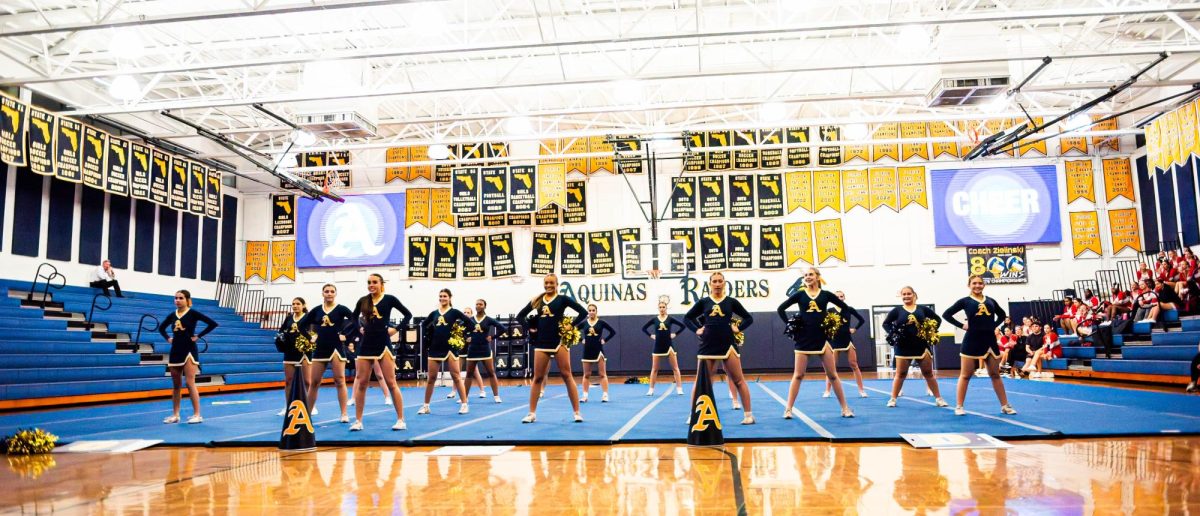  The STA Cheer team starts the meet ready to show their talents. (Photo by Aquinas Athletics)