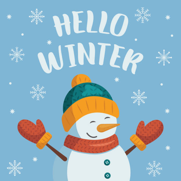 Hello winter. Greeting card with snowman and snowflakes. Snowman in in a hat, scarf and mittens rejoices at the arrival of winter. Vector illustration in cartoon flat style.