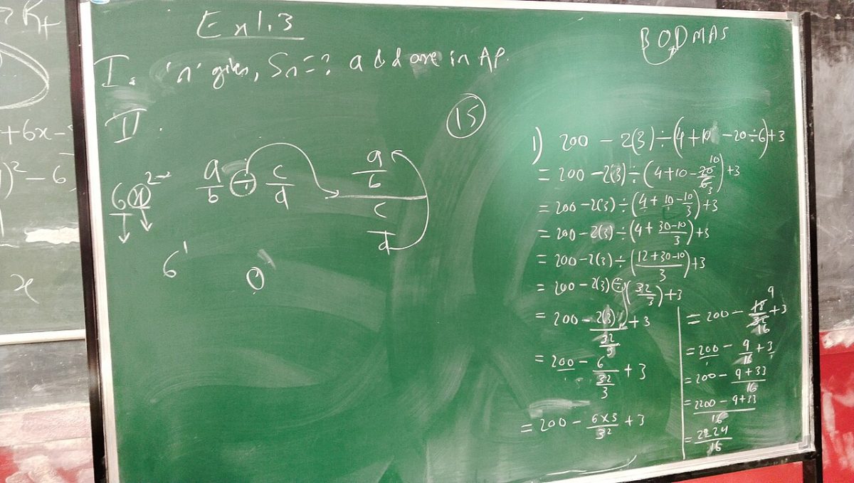 A chalkboard with math equations. Tnadafwork, CC0, via Wikimedia Commons