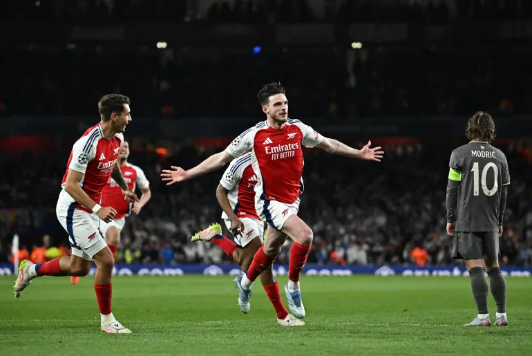 Declan Rice celebrating after scoring a freekick against Real Madrid