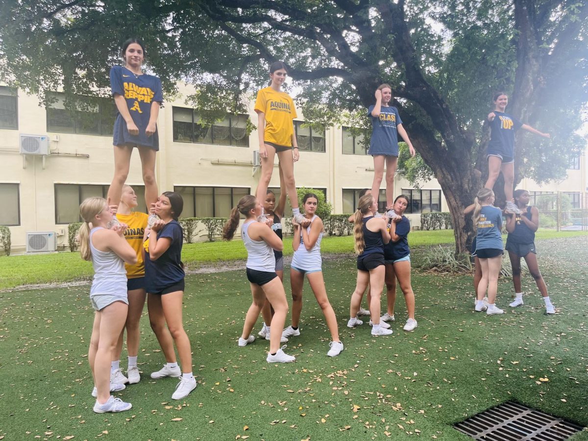 The JV Cheerleading Squad works hard to perfect their stunts.