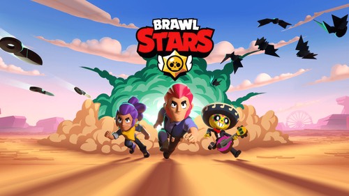 Brawl Stars' Opening Scene, showing the characters of the game and the logo.