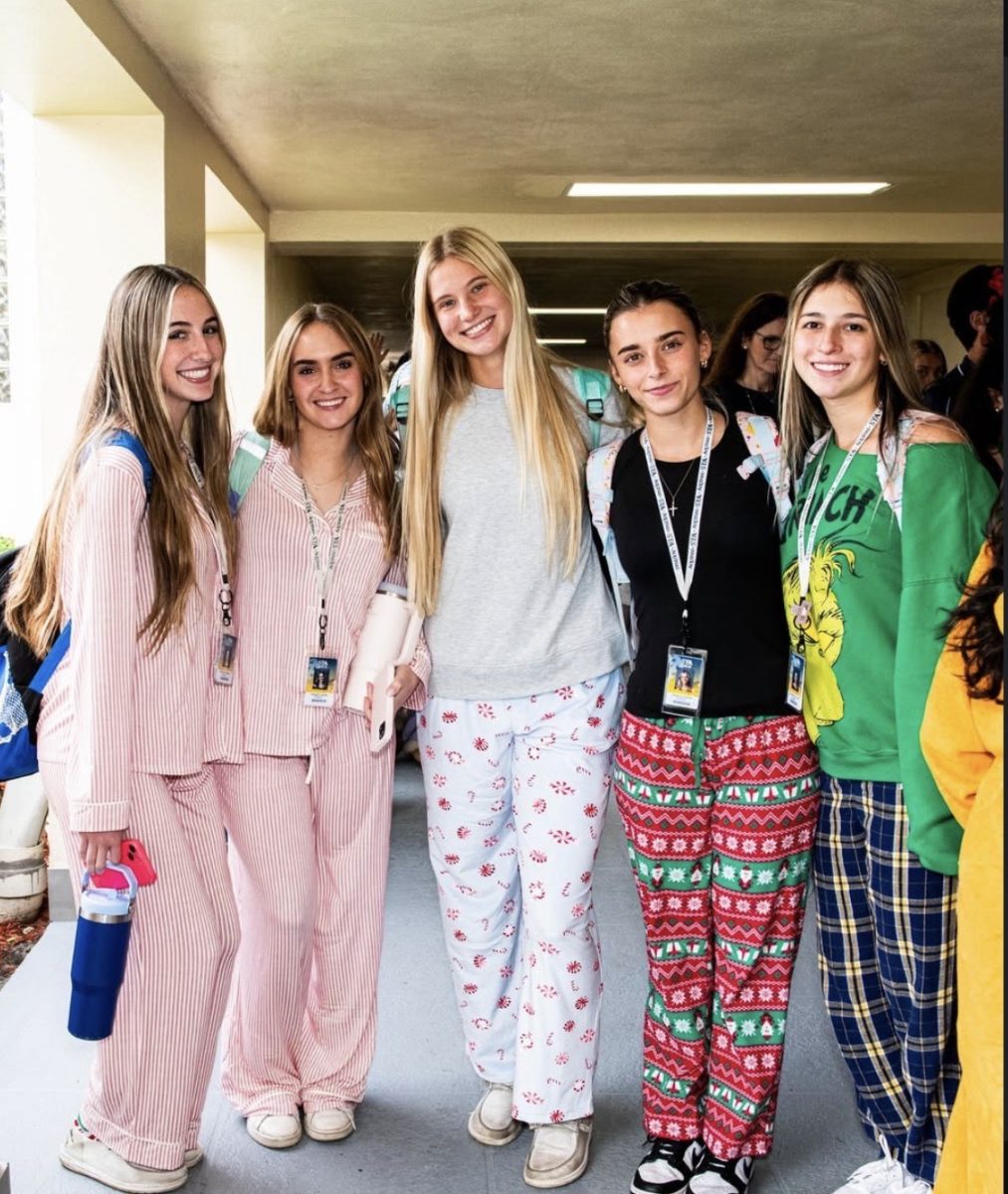 A group of students coordinate in pajamas on Dynamic Duos Day