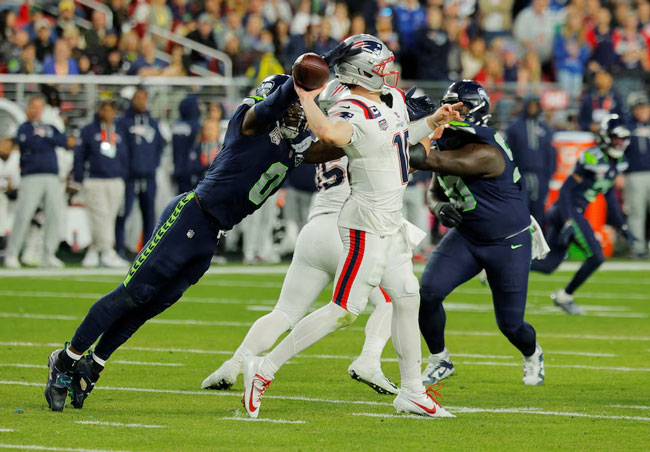 Patriots Quarterback Drake Maye being sacked during the Super Bowl.  (Adam Hunger/AP Content Services for the NFL)