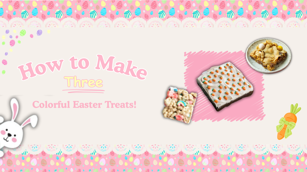 Graphic Created by Josefina Bianchi that illustrates three Easter themed treats to make.