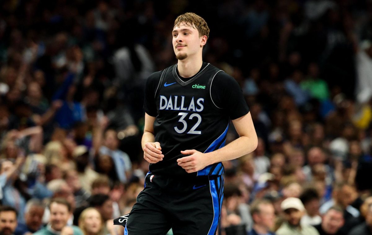Apr 5, 2026; Dallas, Texas, USA;  Dallas Mavericks forward Cooper Flagg (32) reacts after scoring during the first half against the Los Angeles Lakers at American Airlines Center. Mandatory Credit: Kevin Jairaj-Imagn Images