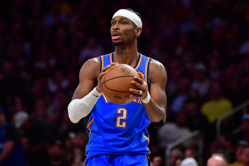May 11, 2026; Los Angeles, California, USA; Oklahoma City Thunder guard Shai Gilgeous-Alexander (2) during the second half in game four of the second round of the 2026 NBA Playoffs at Crypto.com Arena. Mandatory Credit: Gary A. Vasquez-Imagn Images